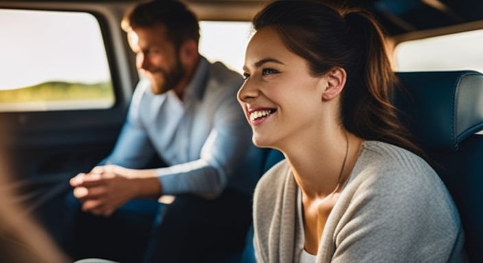 A happy family travels comfortably in a spacious minibus surrounded by luggage. A happy family travels comfortably in a spacious minibus surrounded by luggage.